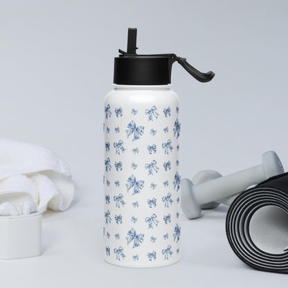 Toile De Jouy Blue Bows Stainless Steel Water Bottle with a straw lid, gym girl gift, fitness water bottle, yoga gift, workout accessories