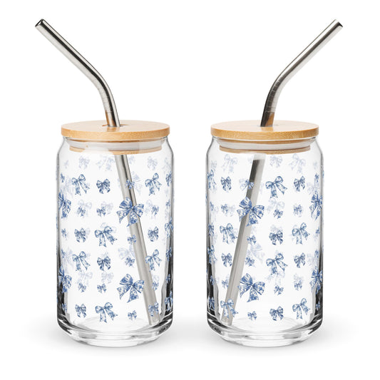 Coquette Toile De Jouy Blue Bows Can Glass, iced coffee glass, y2k girlie gift, latte mug, valentines can glass gift, daughter birthday gift