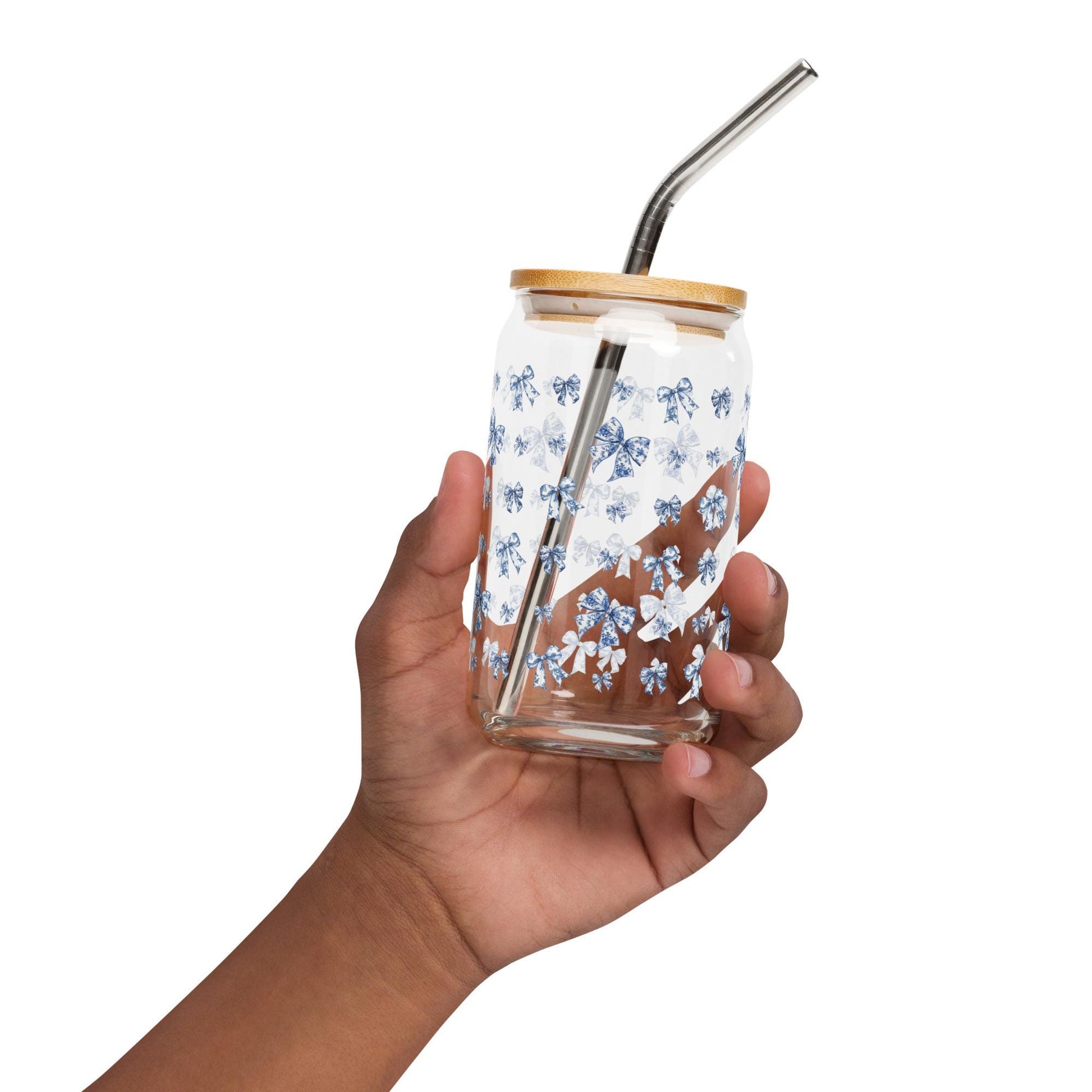 Coquette Toile De Jouy Blue Bows Can Glass, iced coffee glass, y2k girlie gift, latte mug, valentines can glass gift, daughter birthday gift