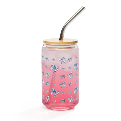 Coquette Toile De Jouy Blue Bows Can Glass, iced coffee glass, y2k girlie gift, latte mug, valentines can glass gift, daughter birthday gift