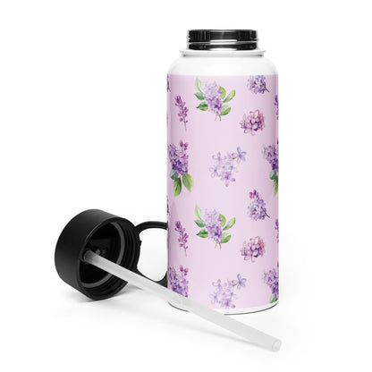 Lilac Flowers Stainless Steel Water Bottle with a straw lid, gym girl gift, fitness water bottle, yoga gift, workout accessories, dog walker