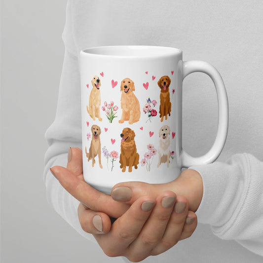 Cottagecore Heart Golden Retriever Mug, girlfriend valentine gift, golden mom mug, wife anniversary gift, grandma gift, wife birthday gift