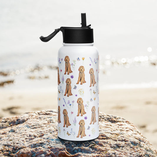 Flower Cottagecore Goldendoodle water bottle with a straw lid