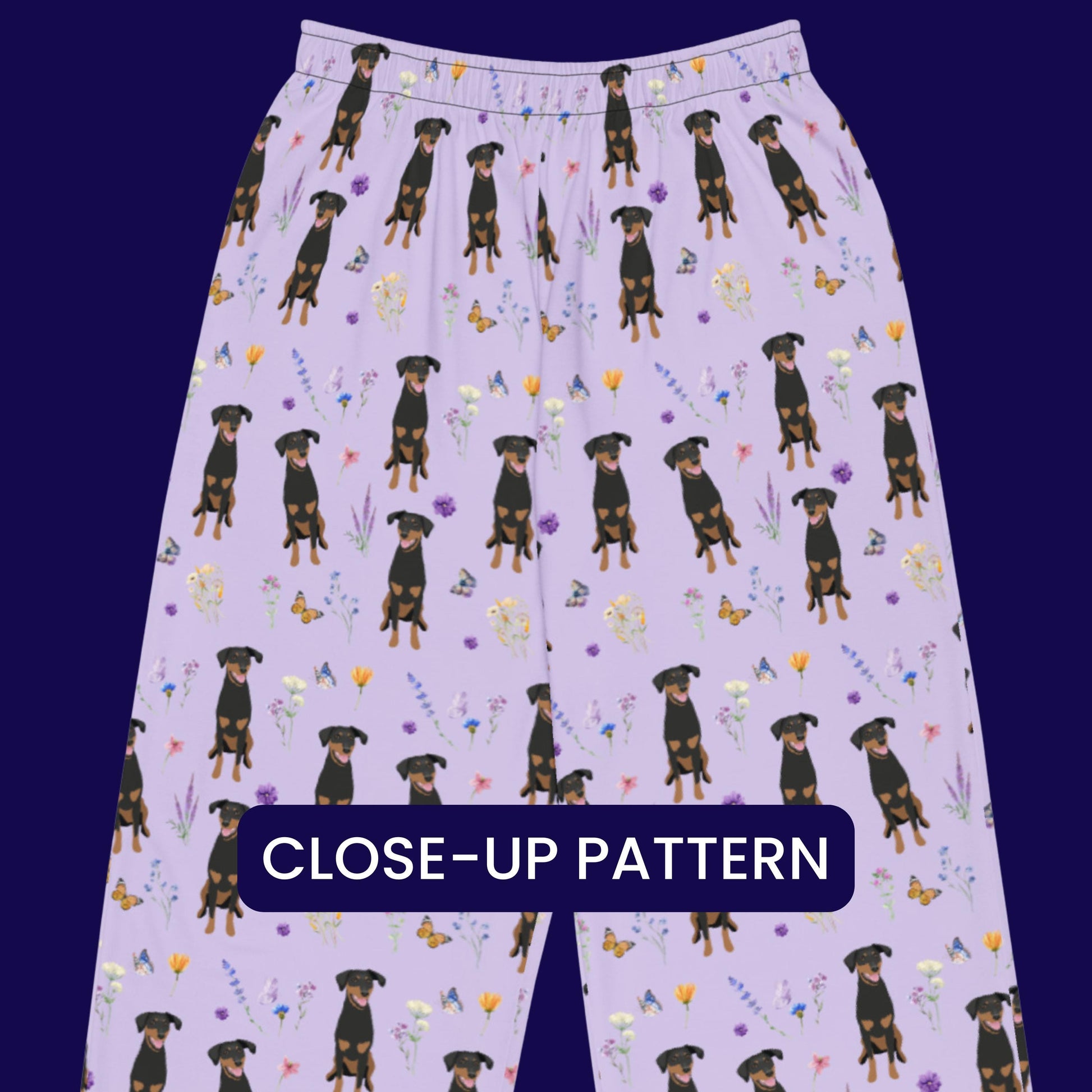 Cottagecore Doberman pajama pants, wide leg unisex doberman pants, dobbie mom gift, doberman gift, dog pajamas pants, sister birthday gift