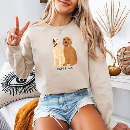A woman wearing a personalized golden retriever sweatshirt
