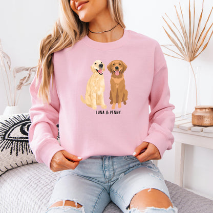 A woman wearing a personalized golden retriever sweatshirt