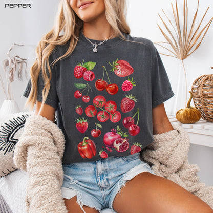 Farm Fresh Produce Strawberry Cherry Raspberry Tomatoe Pomegranate Red Bell Pepper Shirt, veggie shirt, cutecore aesthetic festival shirt
