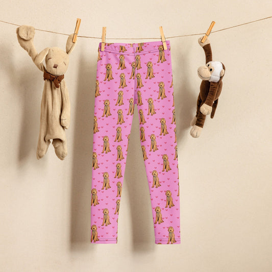 kids leggings with goldendoodle dogs and pink fabric