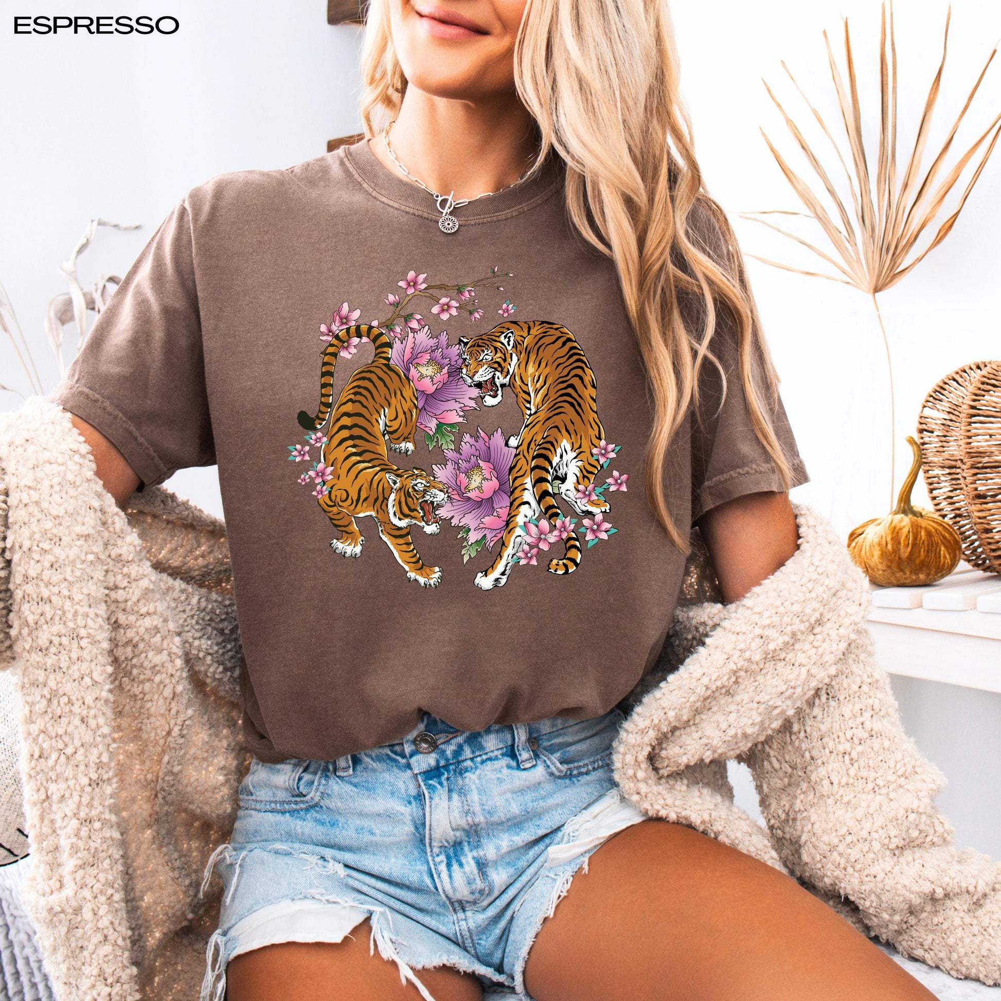 Floral Tiger Sakura Shirt, y2k summer gift for her, retro sakura shirt, japanese tee, cutecore aesthetic, tiger gifts for best friend