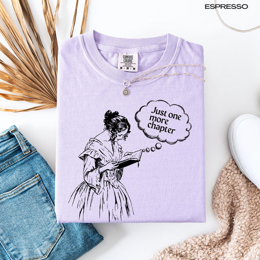 Orchid color t-shirt with a vintage just one more chapter design