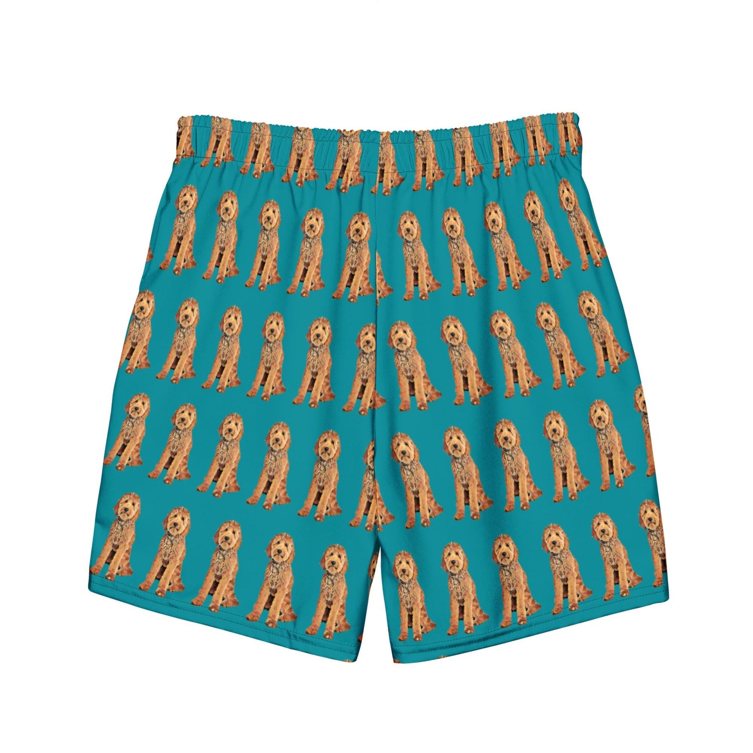A goldendoodle pattern swim trunks for bernedoodle dog dad