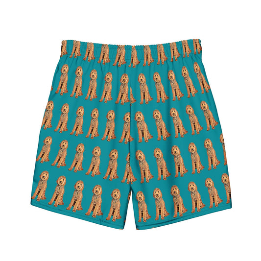 A goldendoodle pattern swim trunks for bernedoodle dog dad