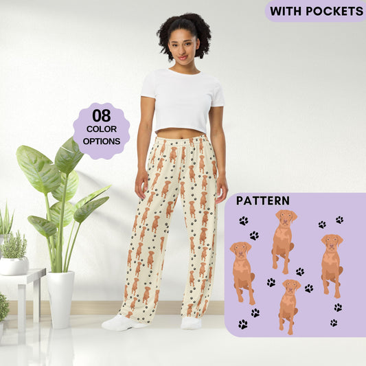 A woman wearing a Vizsla dog pajama pants