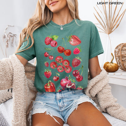 Farm Fresh Produce Strawberry Cherry Raspberry Tomatoe Pomegranate Red Bell Pepper Shirt, veggie shirt, cutecore aesthetic festival shirt