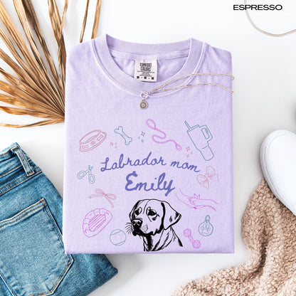 A personalized coquette Labrador mom shirt flat lay view