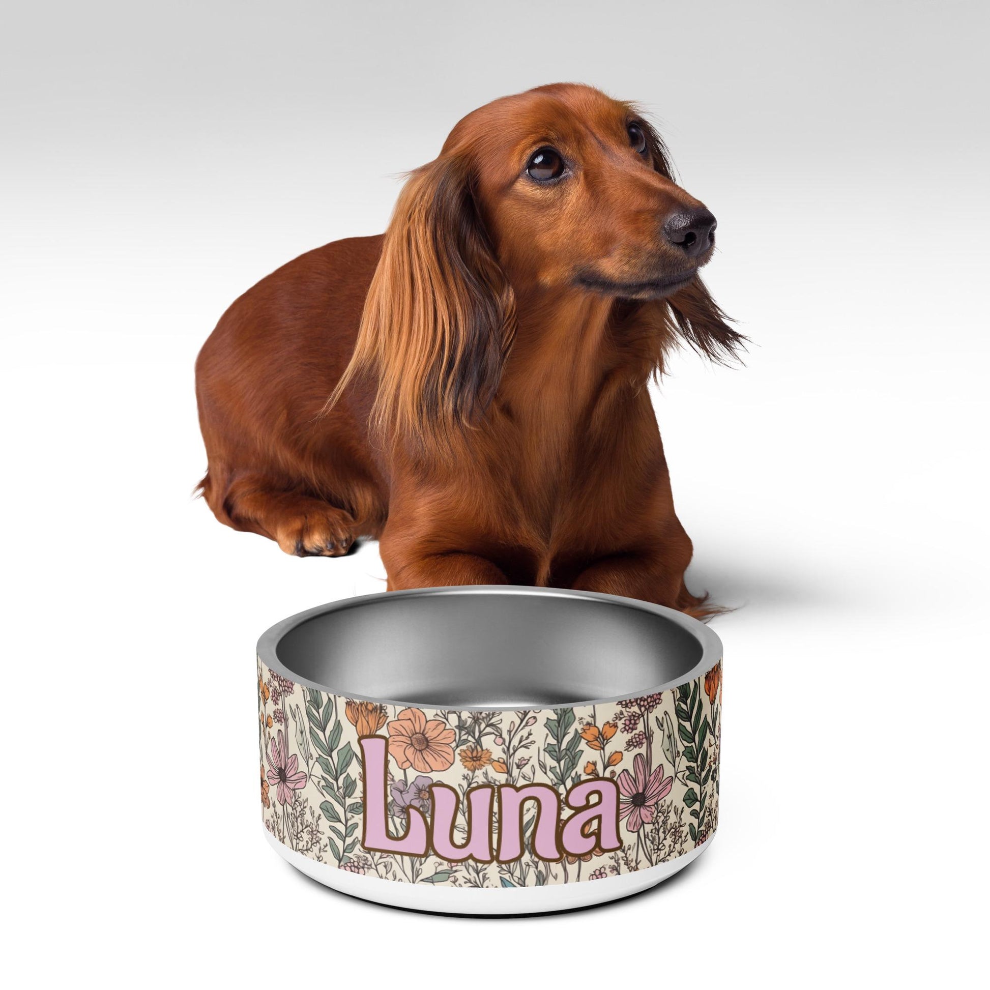 Custom Name Dog Bowl Wildflower Pattern