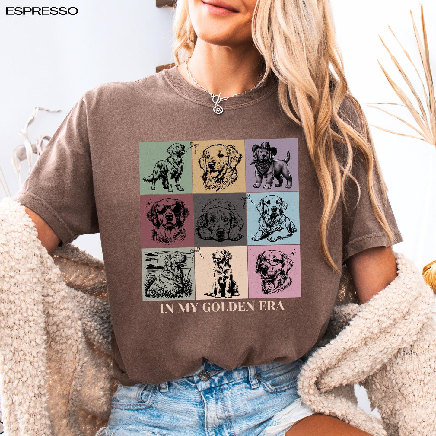 A woman wearing In My Golden Retriever Era comfort colors shirt