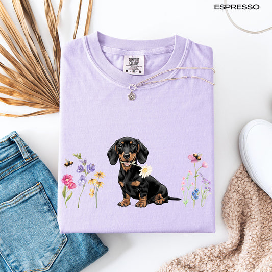 Wildflower Dachshund puppy shirt flat lay view