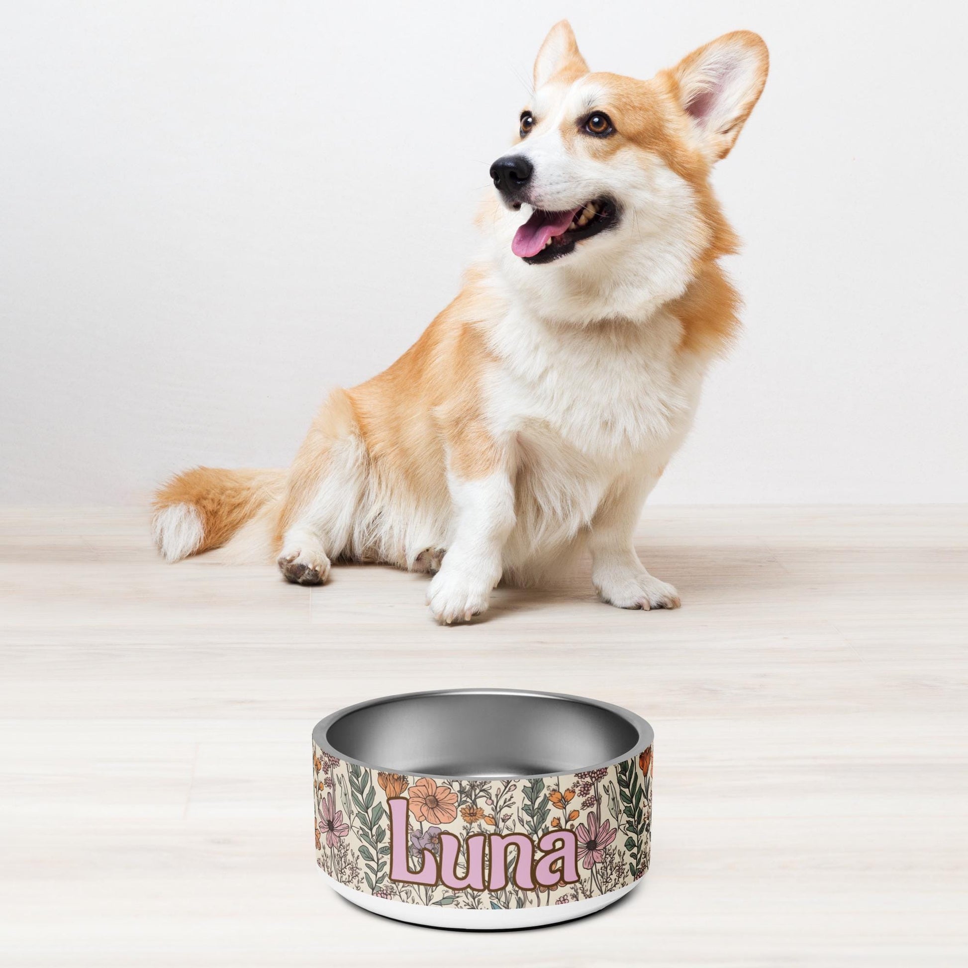 Custom Name Dog Bowl Wildflower Pattern