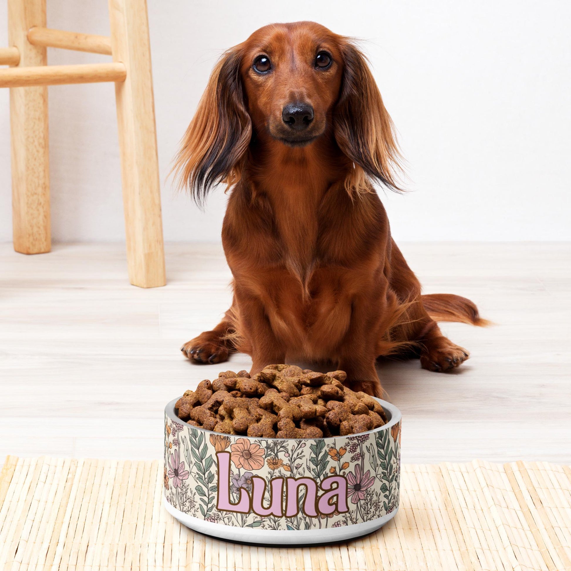 Custom Name Dog Bowl Wildflower Pattern