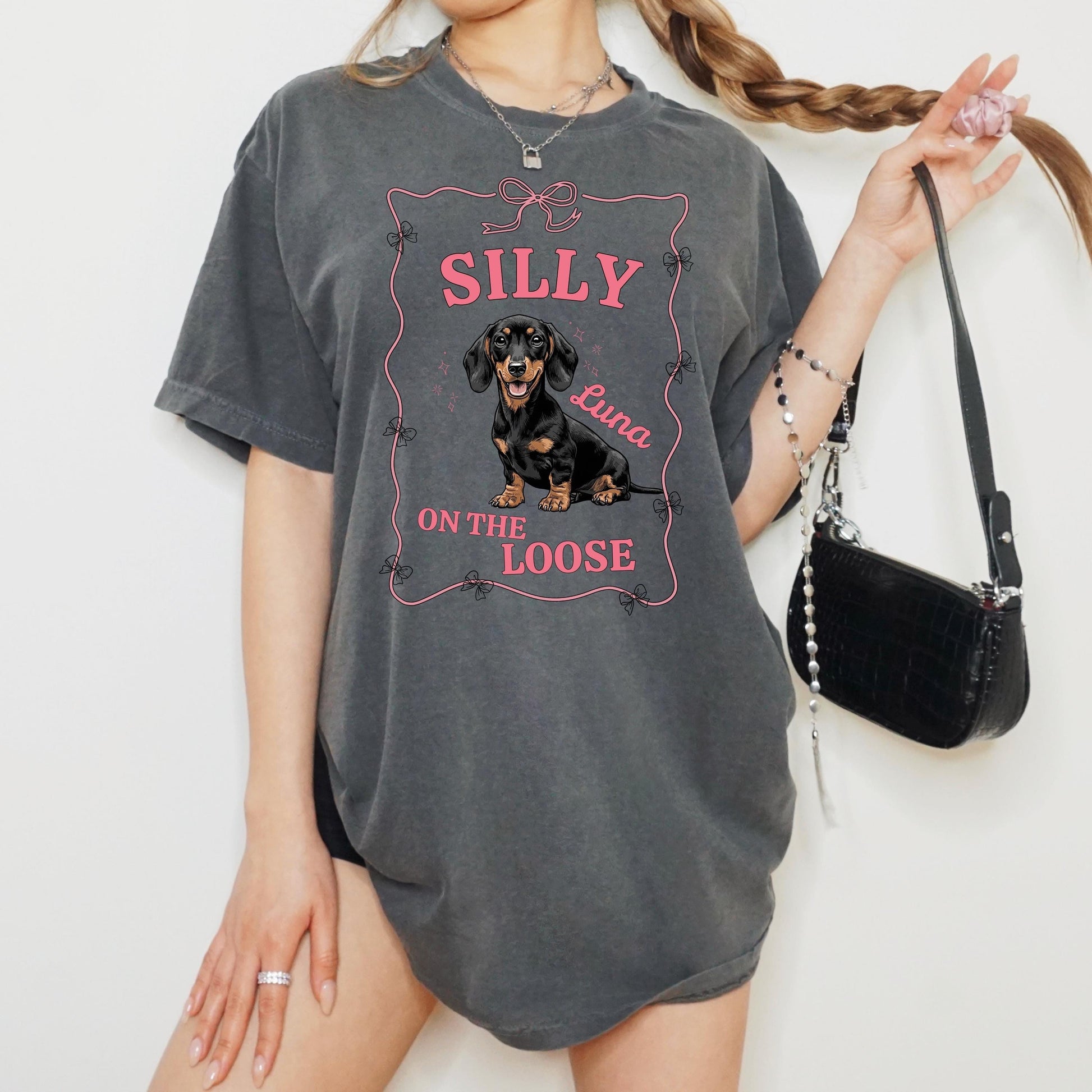 Personalized Silly Dachshund On The Loose Shirt, doxie mom sweatshirt, sausage dog tee, pet mama gifts, sister birthdya gift, dachshunf gift