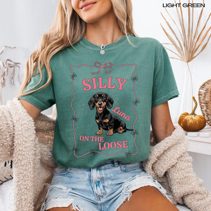 Personalized Silly Dachshund On The Loose Shirt, doxie mom sweatshirt, sausage dog tee, pet mama gifts, sister birthdya gift, dachshunf gift