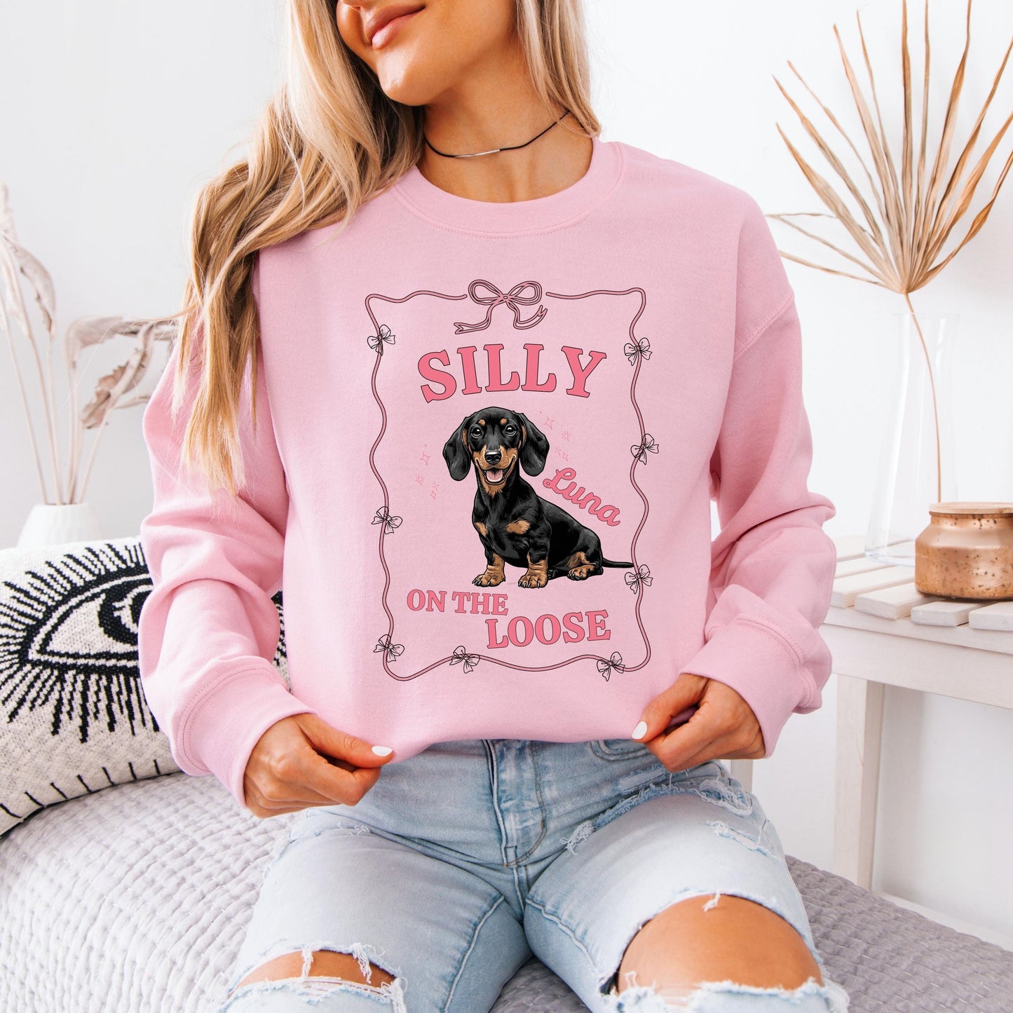 Personalized Silly Dachshund On The Loose Shirt, doxie mom sweatshirt, sausage dog tee, pet mama gifts, sister birthdya gift, dachshunf gift