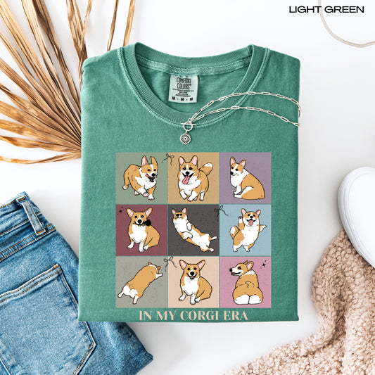 In my Corgi era dog mom t-shirt flat lay view