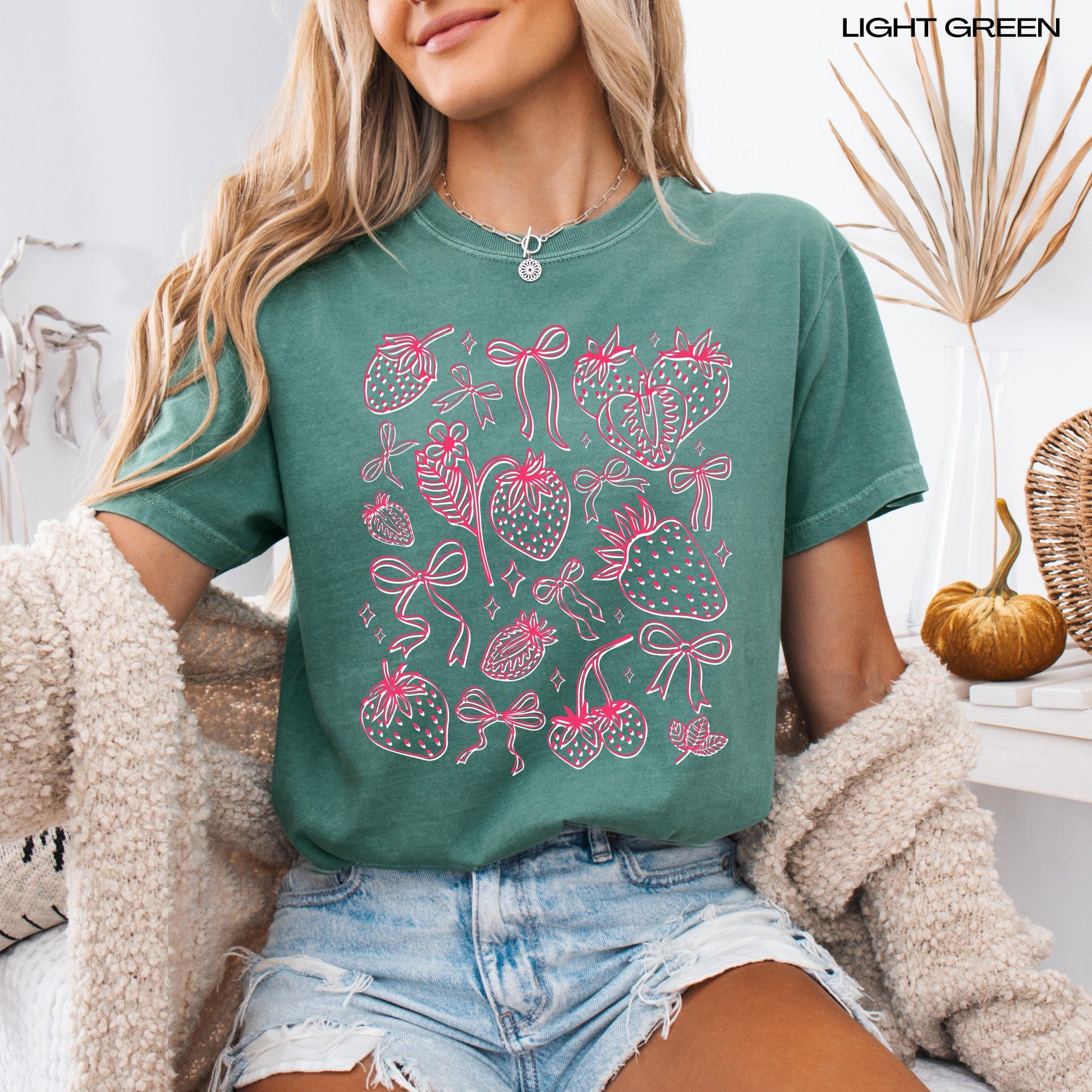 Wild strawberry and bows summer comfort colors 1717 light green shirt for women