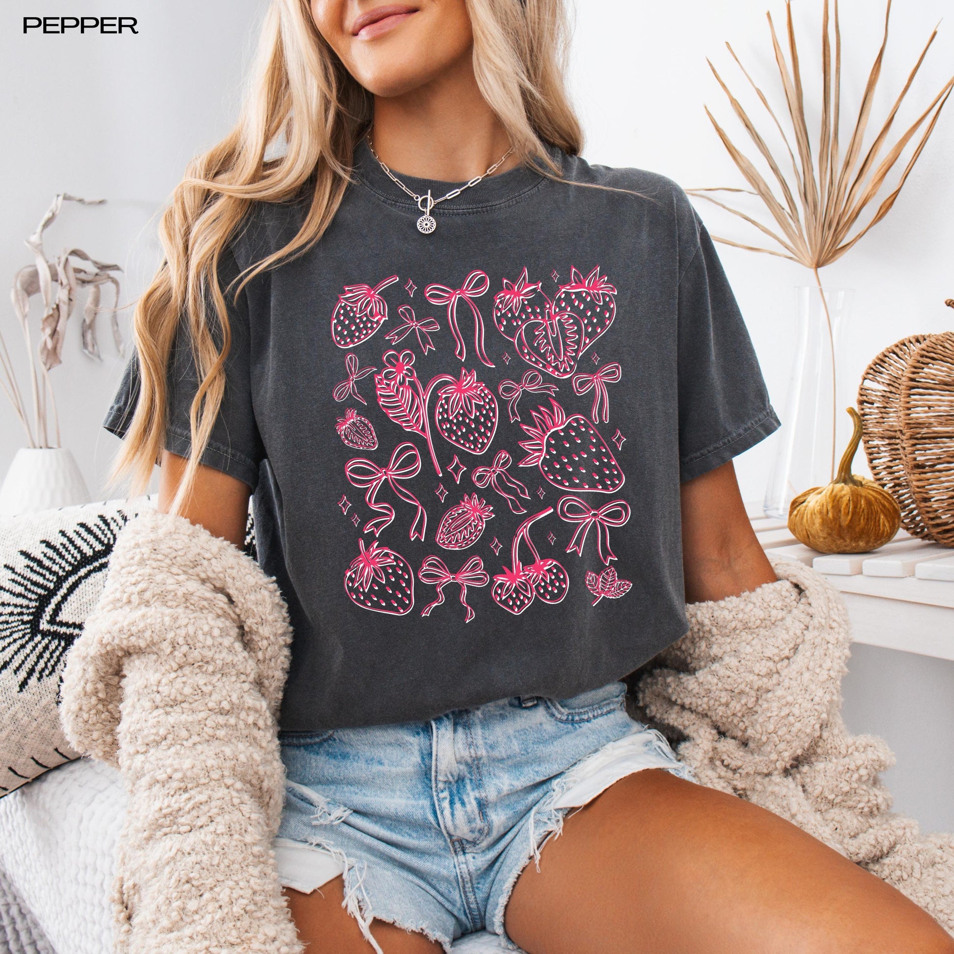 Wild strawberry and bows summer comfort colors 1717 pepper shirt for women