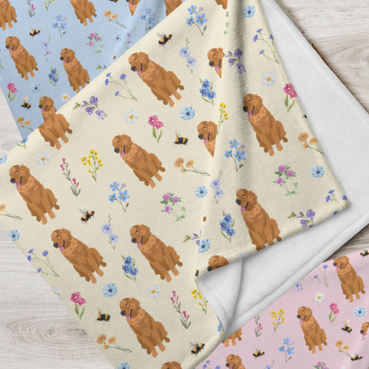 Wildflower Golden Retriever nursery blanket flat lay view