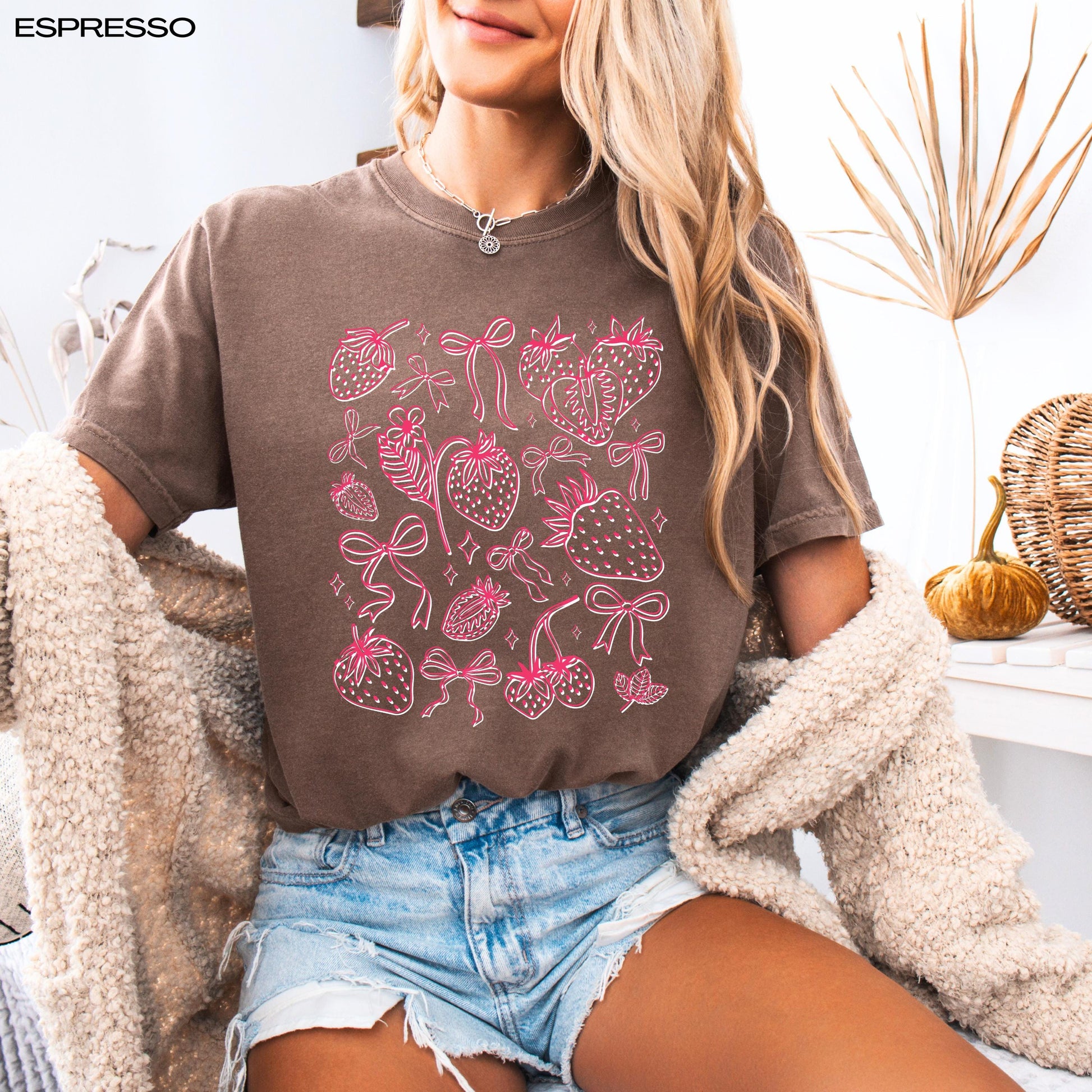 Wild strawberry and bows summer comfort colors 1717 espresso shirt for women