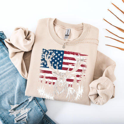 Unisex American Deer Summer Shirt, patriotic buck sweatshirt, hunter t-shirt, retro festival tee, vacation shirt for women and men