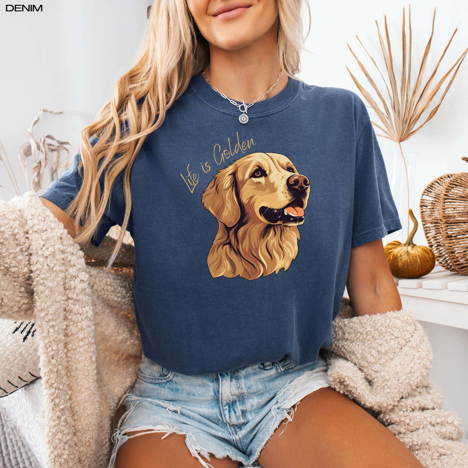 &quot;Life Is Golden&quot; retriever dog mom comfort colors t-shirt in color denim.