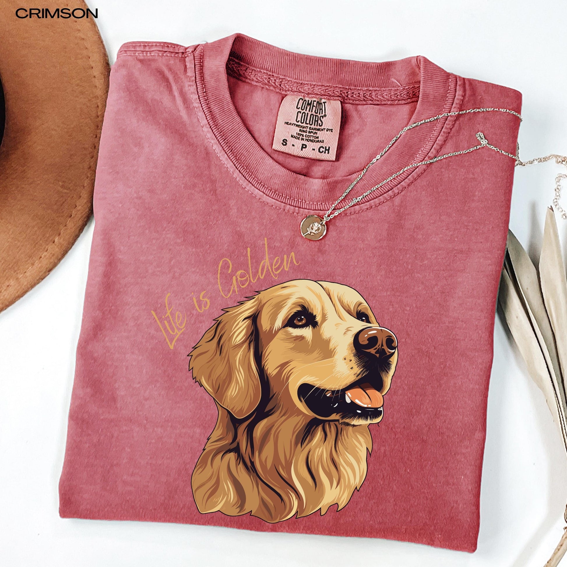 &quot;Life Is Golden&quot; retriever dog mom comfort colors t-shirt in color crimson.