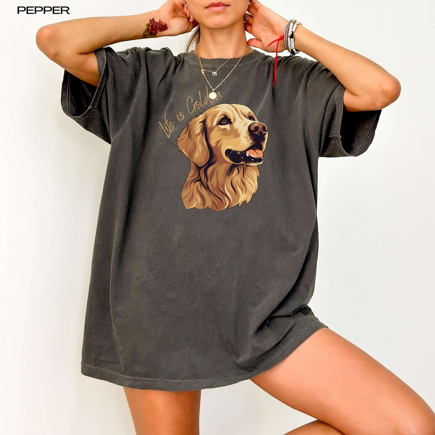 &quot;Life Is Golden&quot; retriever dog mom comfort colors t-shirt in color pepper