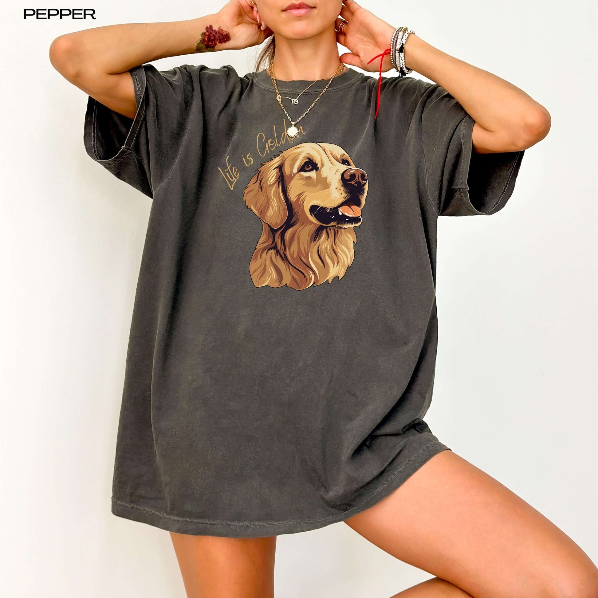 &quot;Life Is Golden&quot; retriever dog mom comfort colors t-shirt in color pepper