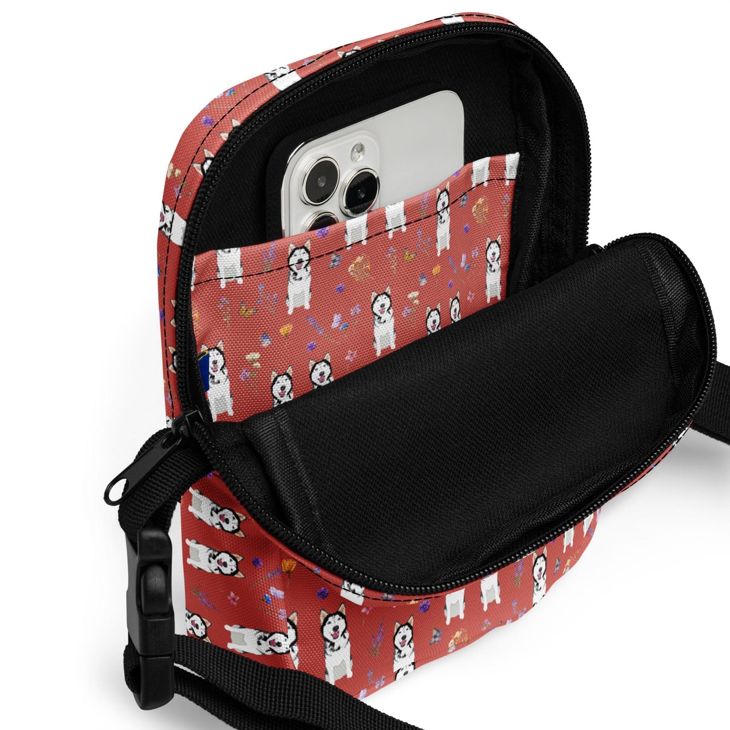 Cottagecore siberian husky cross body bag in color sunglow