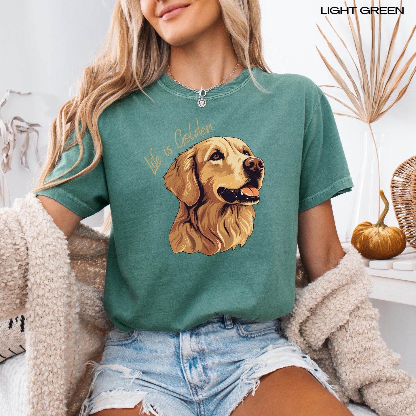 &quot;Life Is Golden&quot; retriever dog mom comfort colors t-shirt in color light green.