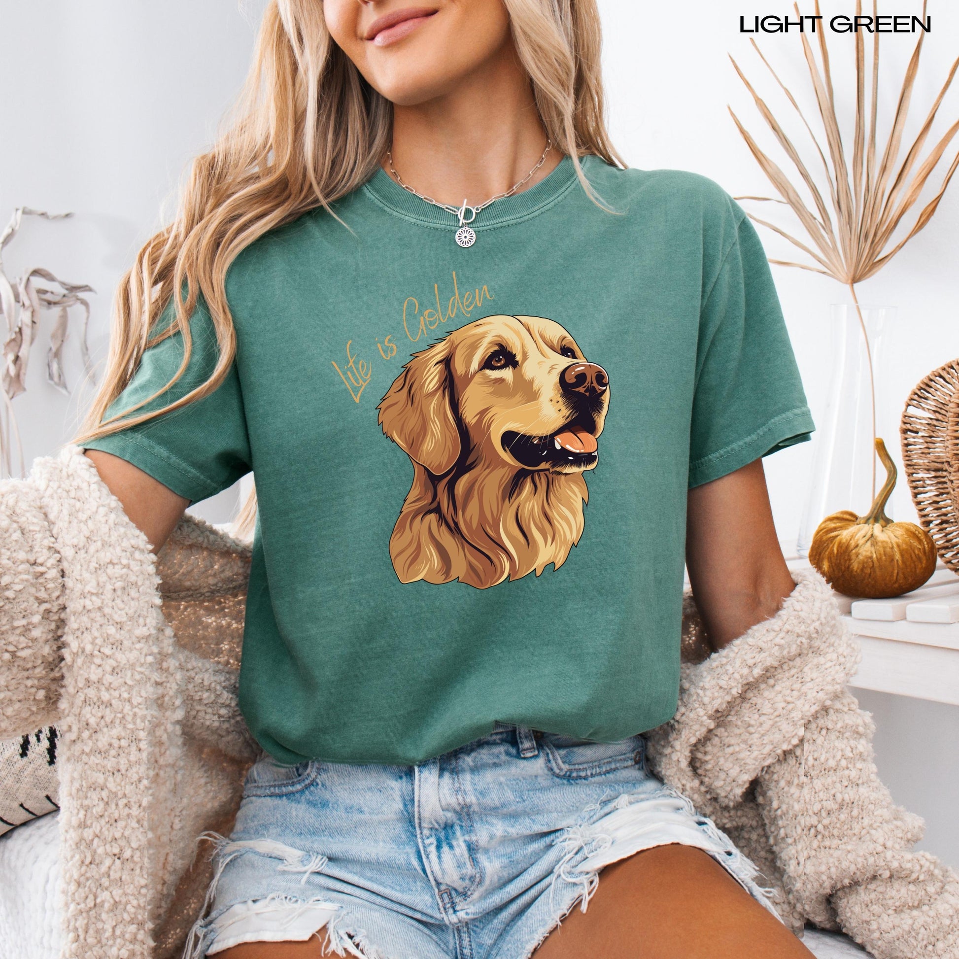 &quot;Life Is Golden&quot; retriever dog mom comfort colors t-shirt in color light green.