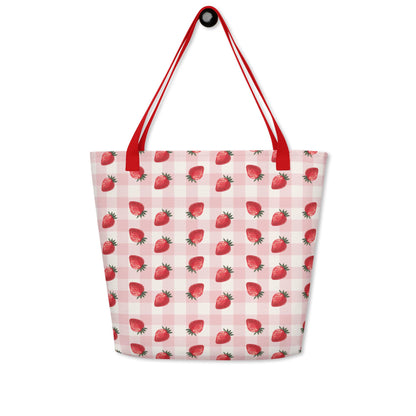 Gingham strawberry summer tote bag hanged on a hook