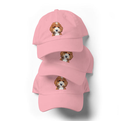 Red Parti Goldendoodle Hat in color pink
