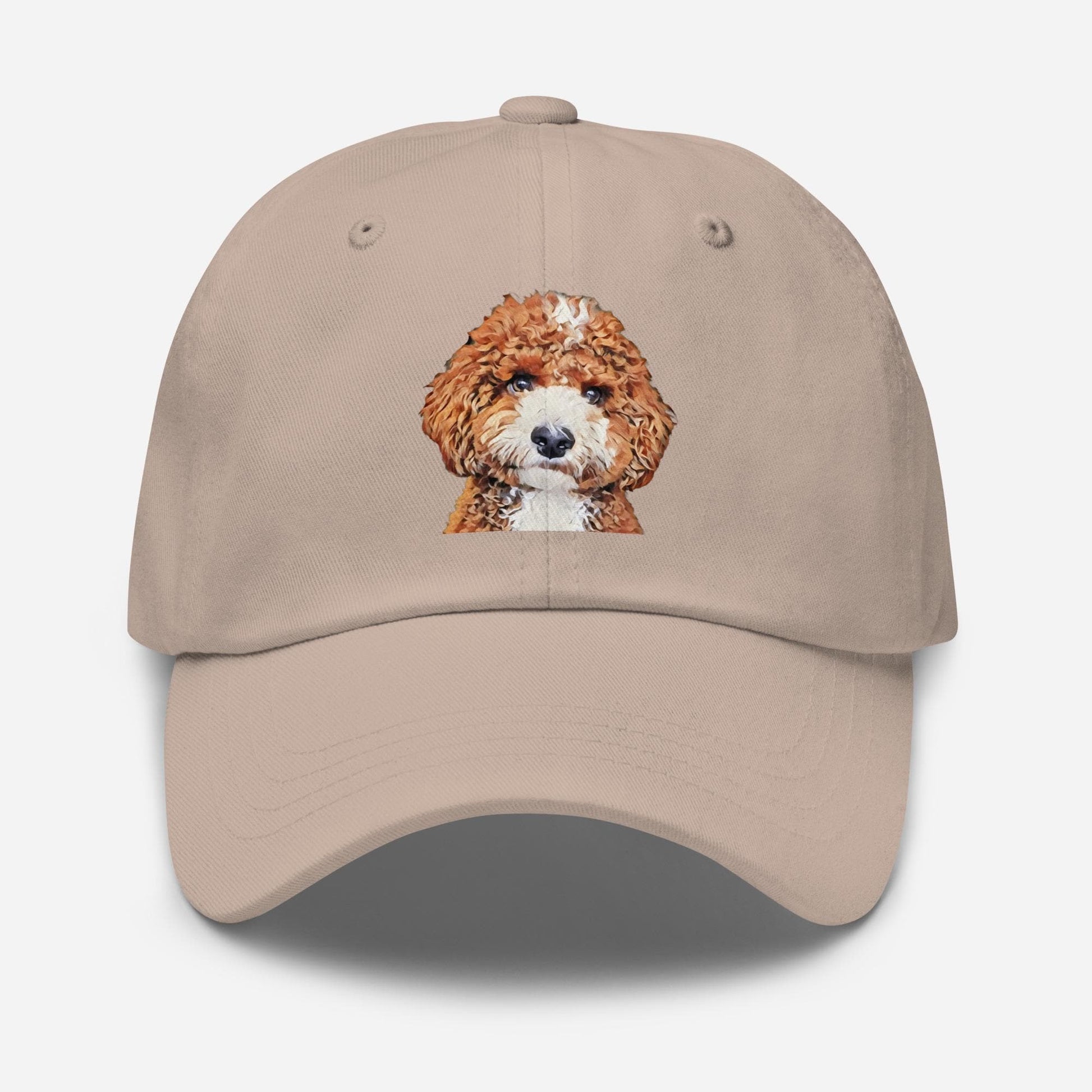 Red Parti Goldendoodle hat in color stone