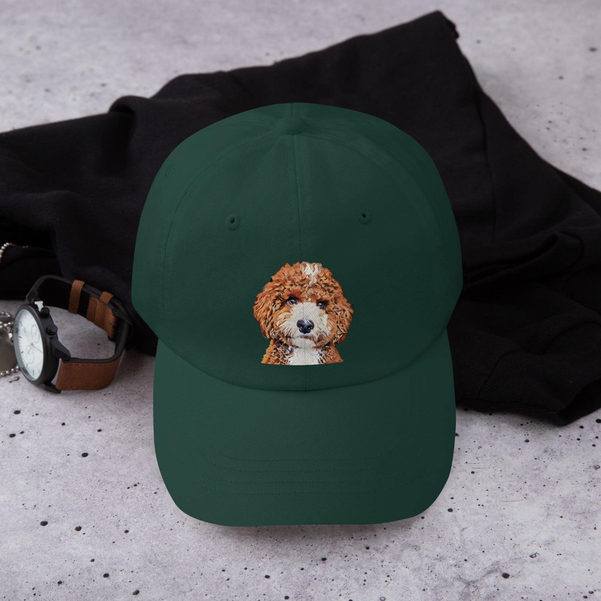 Red Parti Goldendoodle Hat in color forest green