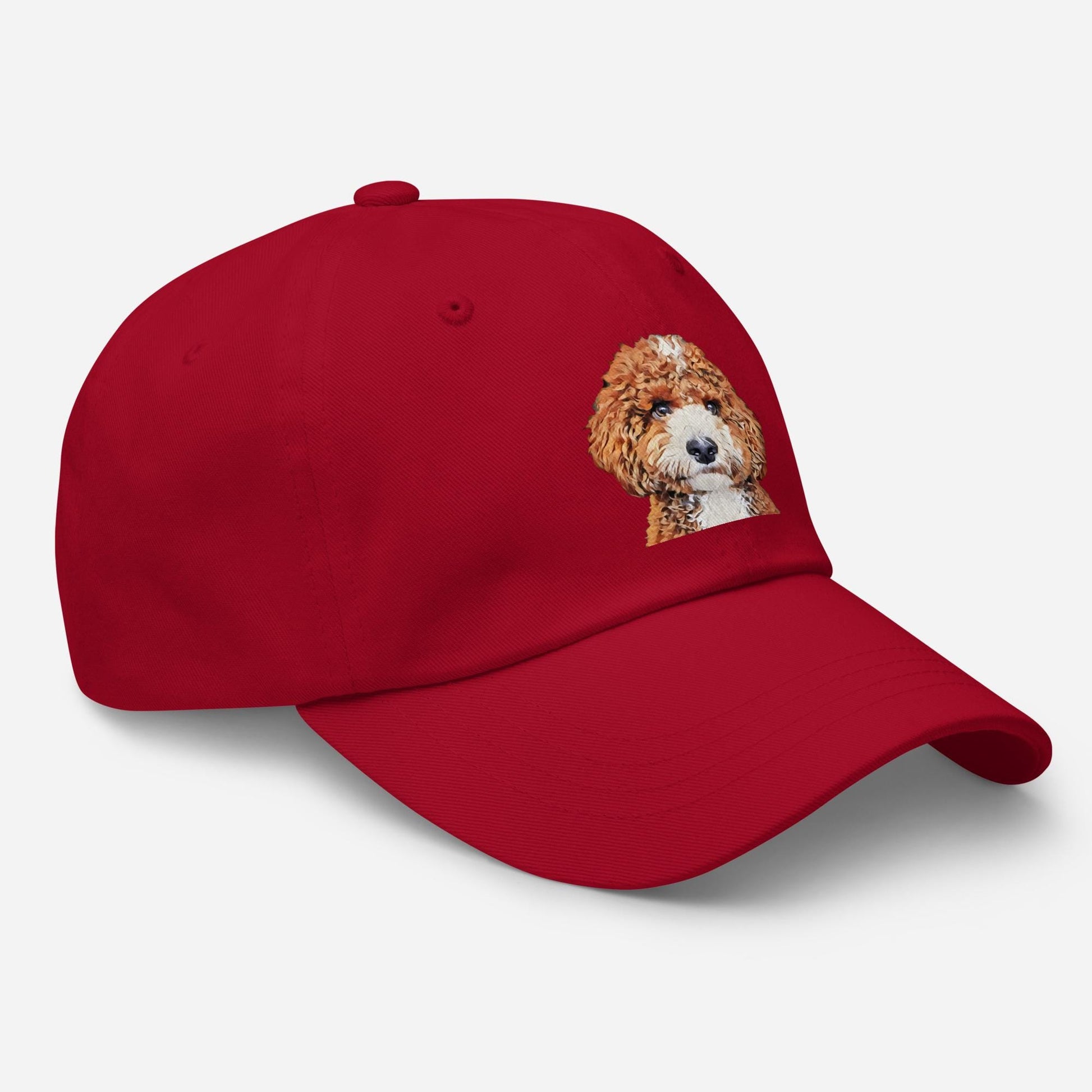 Red Parti Goldendoodle Hat in color cranberry