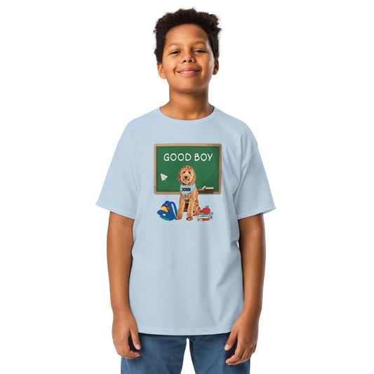 A boy wearing a &quot;Good boy&quot; Goldendoodle youth T-shirt in color light blue.