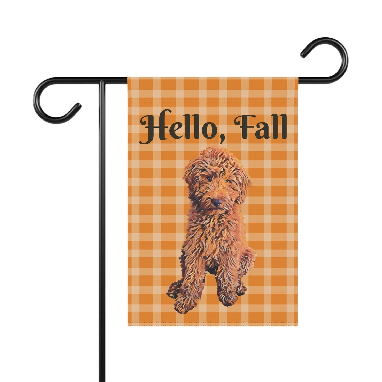 Hello Fall Goldendoodle Garden Flag, gingham orange, red golden doodle gifts, dog home decor, autumn yard flag, gift for her, housewarming