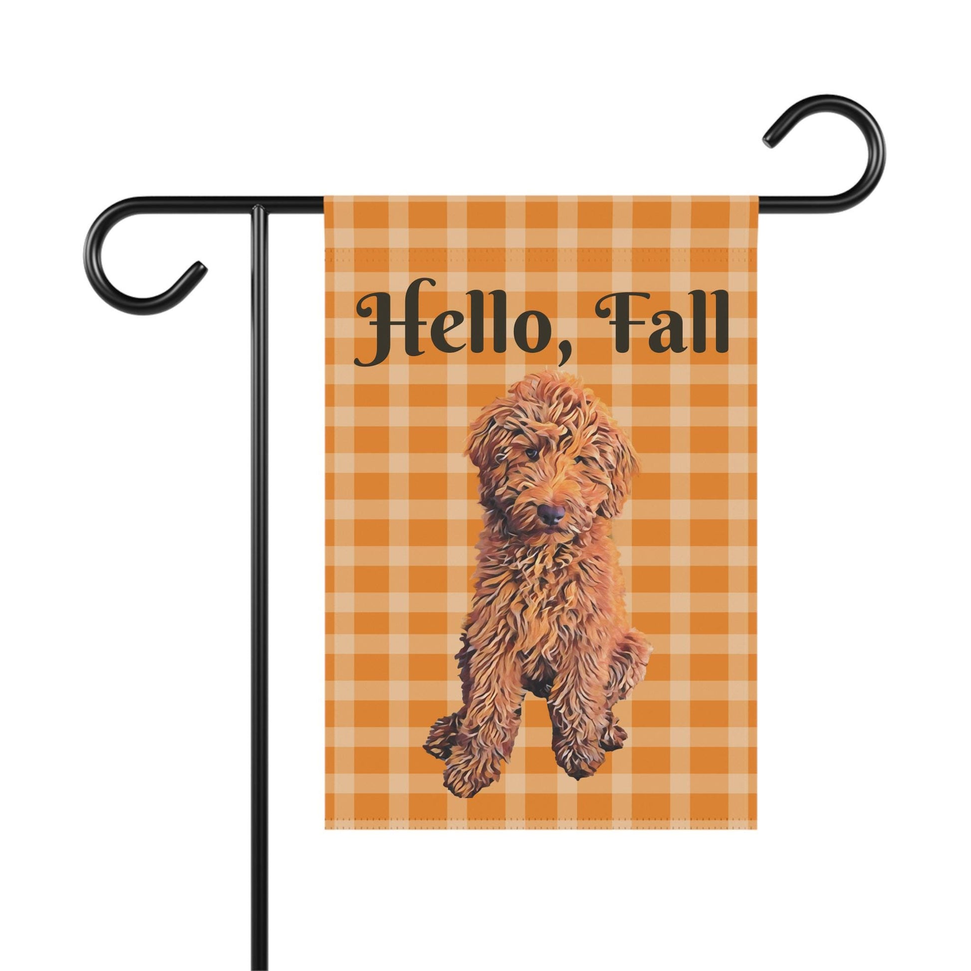 Hello Fall Goldendoodle Garden Flag, gingham orange, red golden doodle gifts, dog home decor, autumn yard flag, gift for her, housewarming