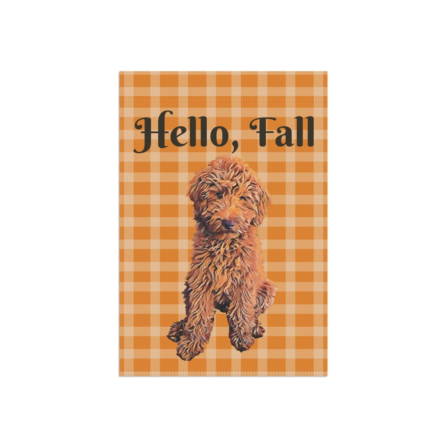 Hello Fall Goldendoodle Garden Flag, gingham orange, red golden doodle gifts, dog home decor, autumn yard flag, gift for her, housewarming
