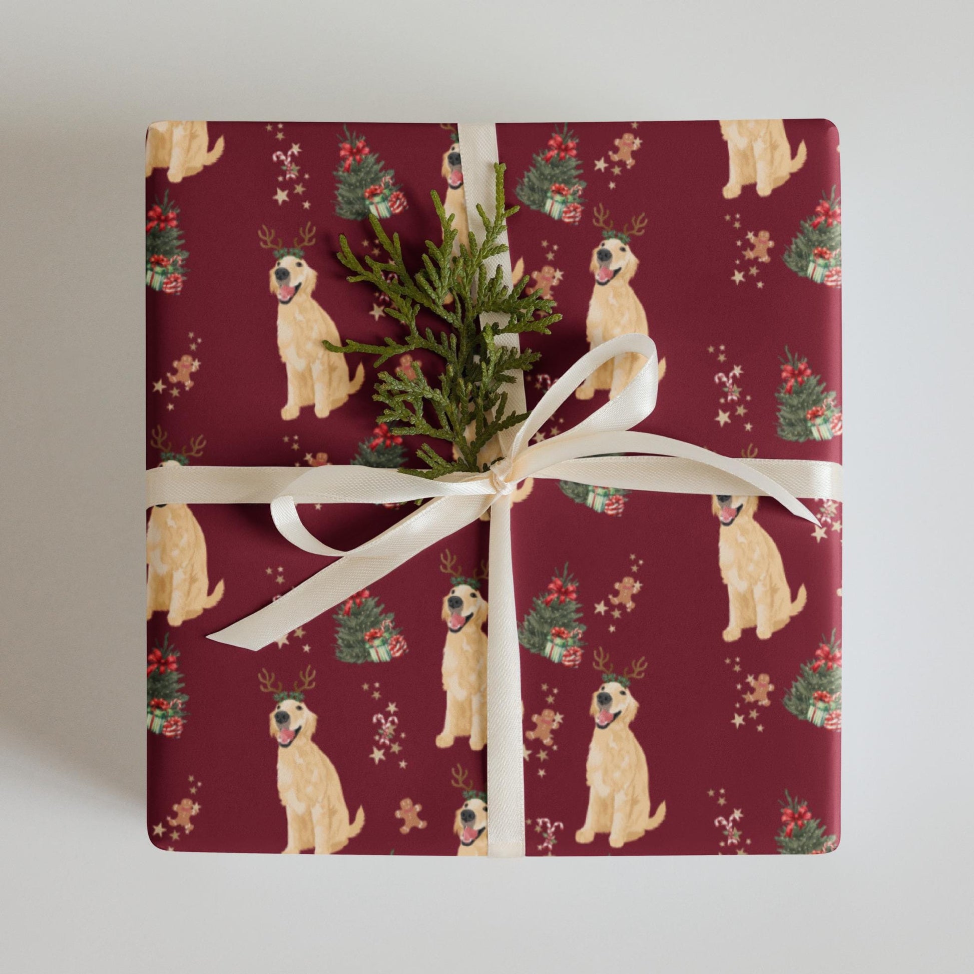 Christmas Golden Retriever Wrapping Paper, 3 sheets burgundy navy, golden dog xmas gift, dog mama gift, dogs first Christmas, life is golden